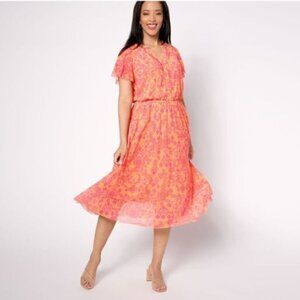 Denim & Co. Canyon Retreat Mesh Raglan Flutter Sleeve Midi Dress-Apricot Crush-M